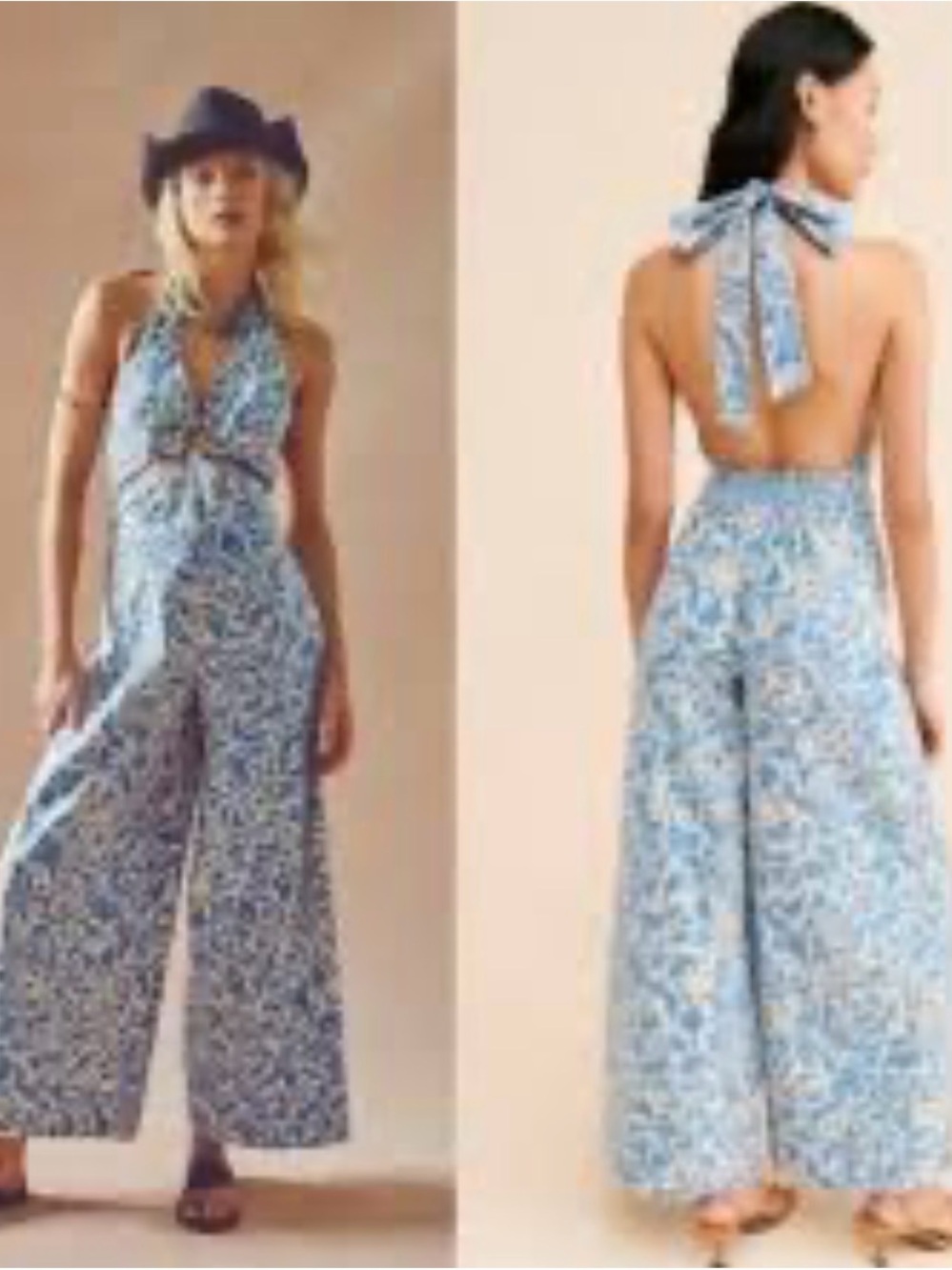 Free People Kira Halter Floral Wide-Leg Jumpsuit in Light Blue
